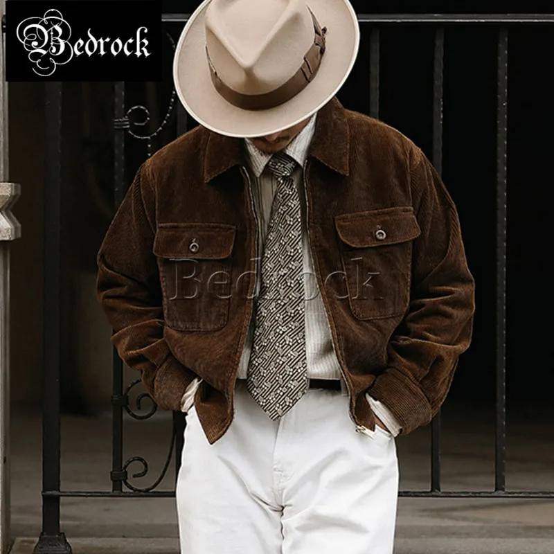 

MBBCAR 350G Brown Vintage Corduroy Jacket Men's Elegant Double Pocket Loose Cotton Short Coat Classic Cargo Jacket 3150