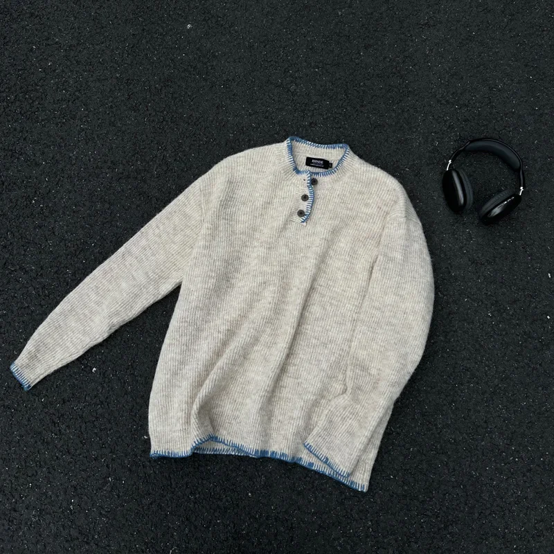 2024 Korean Knit Sweater Retro Streetwear Loose Crew Neck Long Sleeve Knitted Pullover Winter Warm Henry Collar Top