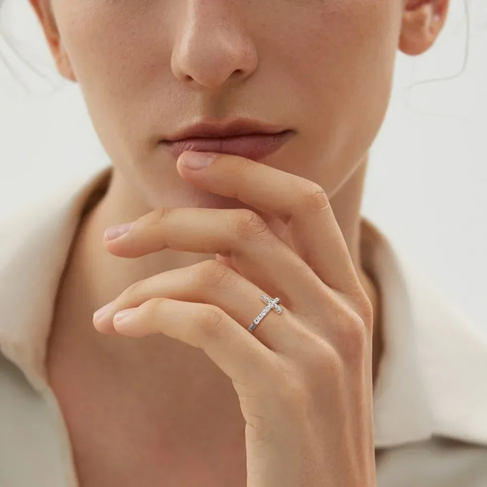 M-JAJA S925 Silver Rose Gold Plated Moissanite Cross Ring Diamond Promise Ring for Women Christian Wedding Band Dainty Jewelry