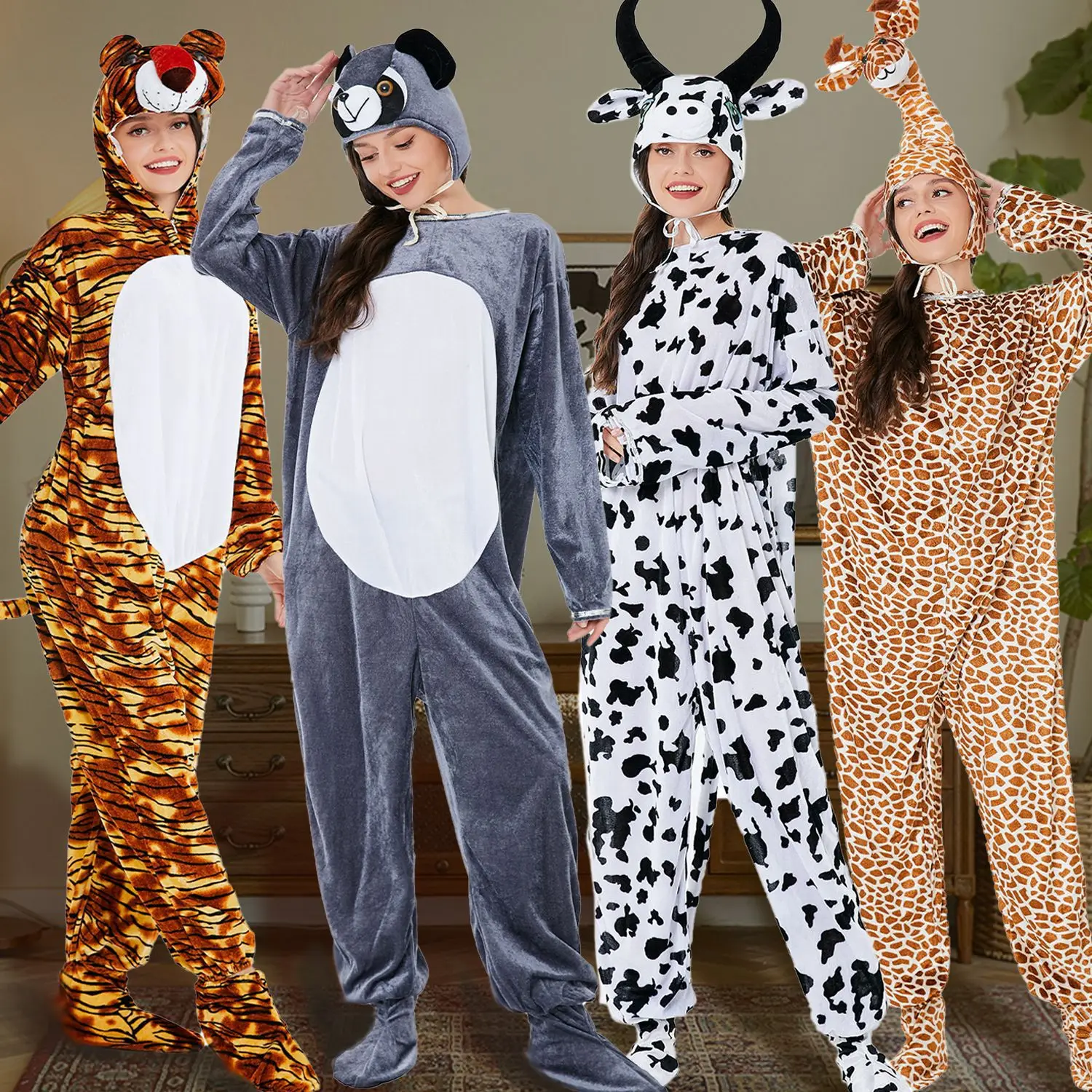 Halloween Adult Animal Clothing Role Play Animals Jumpsuit Giraffe Tiger Cow Bear Doll Stage Performance Costumes for Men Women