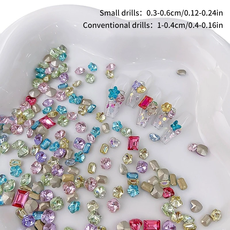 50pcs Mix 3-10MM Pointed Bottom Irregular Nail Crystal Small Mixed Shape Glass Pile Drill Applies DIY Accessories