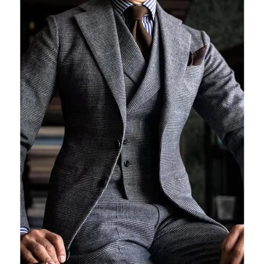 Classic Houndstooth Suits Men 3 Piece Set Business Man Dinner Party Prom Blazers Customized Groom Wedding Tuxedos Ropa Hombre