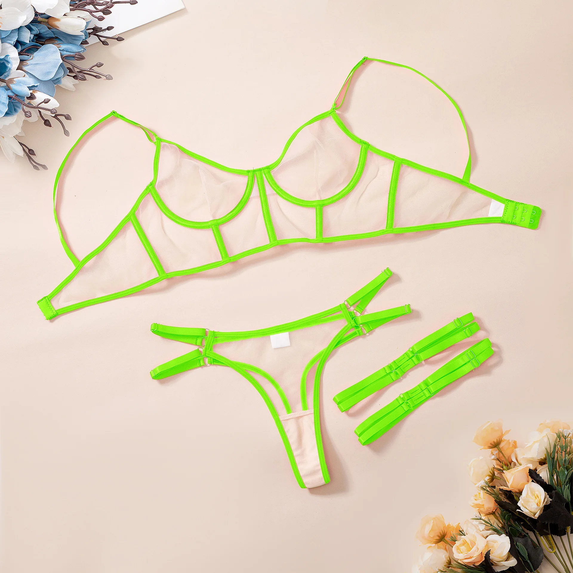 Sexy Lingerie Neon Green Transparent Bra Underwear Burning Man Festival Women Costume Gogo Dancer Pole Dance Nightclub Outfit