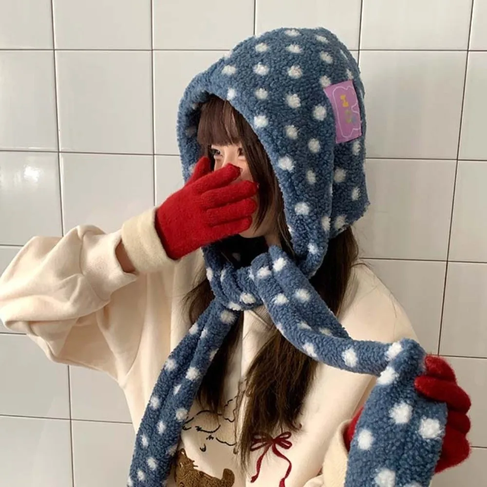 Integrated Design Hooded Scarf Hat Thermal Fabric Ear Protection Plush Balaclava Cap Pull On Windproof Fleece Hooded Scarf