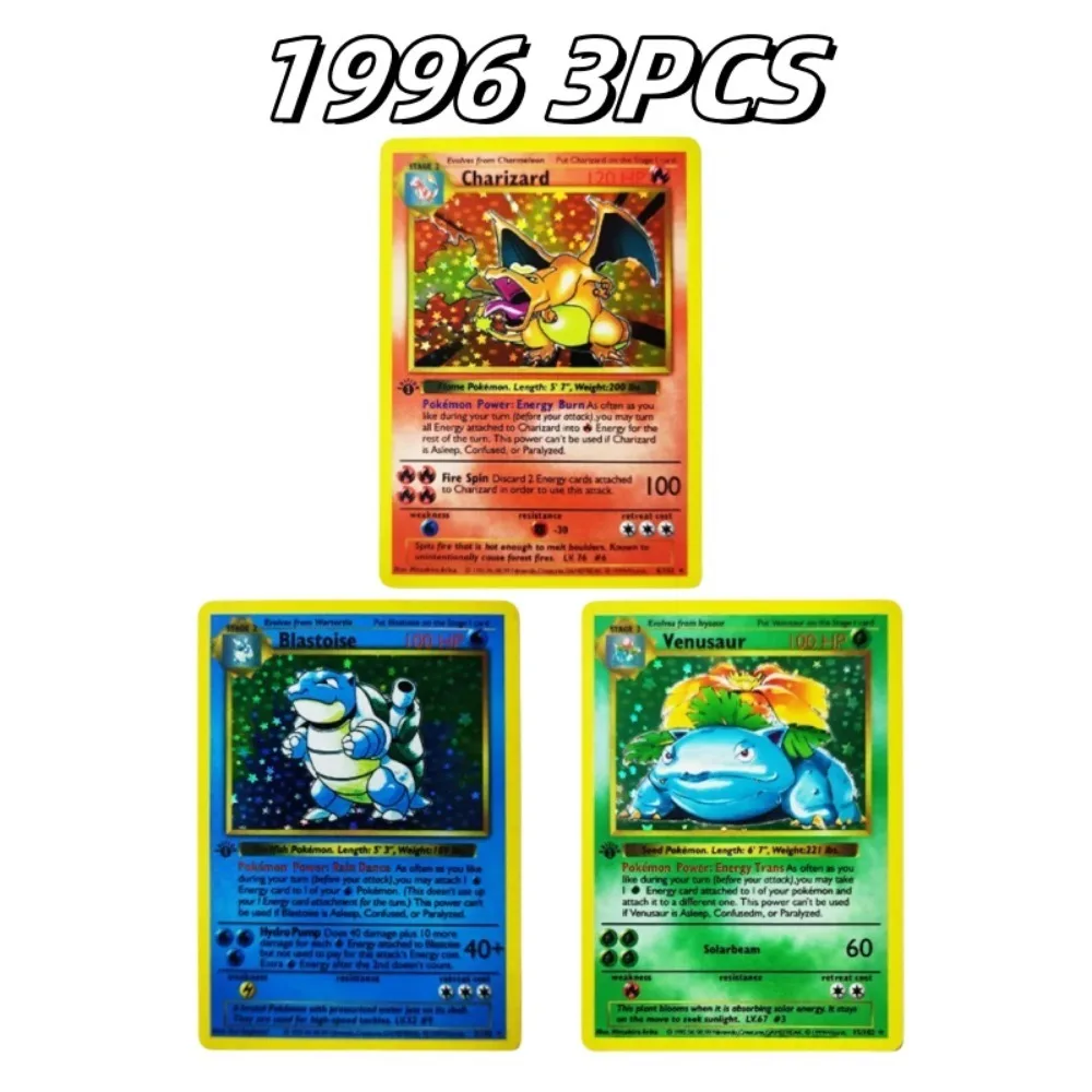 DIY 1996 ภาษาอังกฤษ PTCG Pokemon 1st 3 ชิ้น/เซ็ต Charizard Blastoise แฟลชการ์ดอะนิเมะคอลเลกชันเกมการ์ดวันหยุดของขวัญ