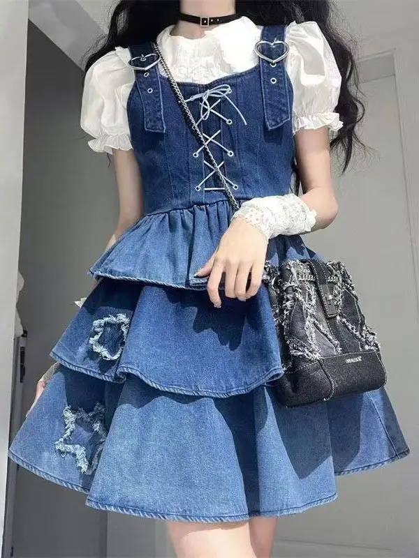 여름 슬리밍 블루 그라데이션 데님 홀터넥 드레스 여성 패션 세트 숏 퍼프 스커트 투피스 세트 통기성 좋은 면 혼방