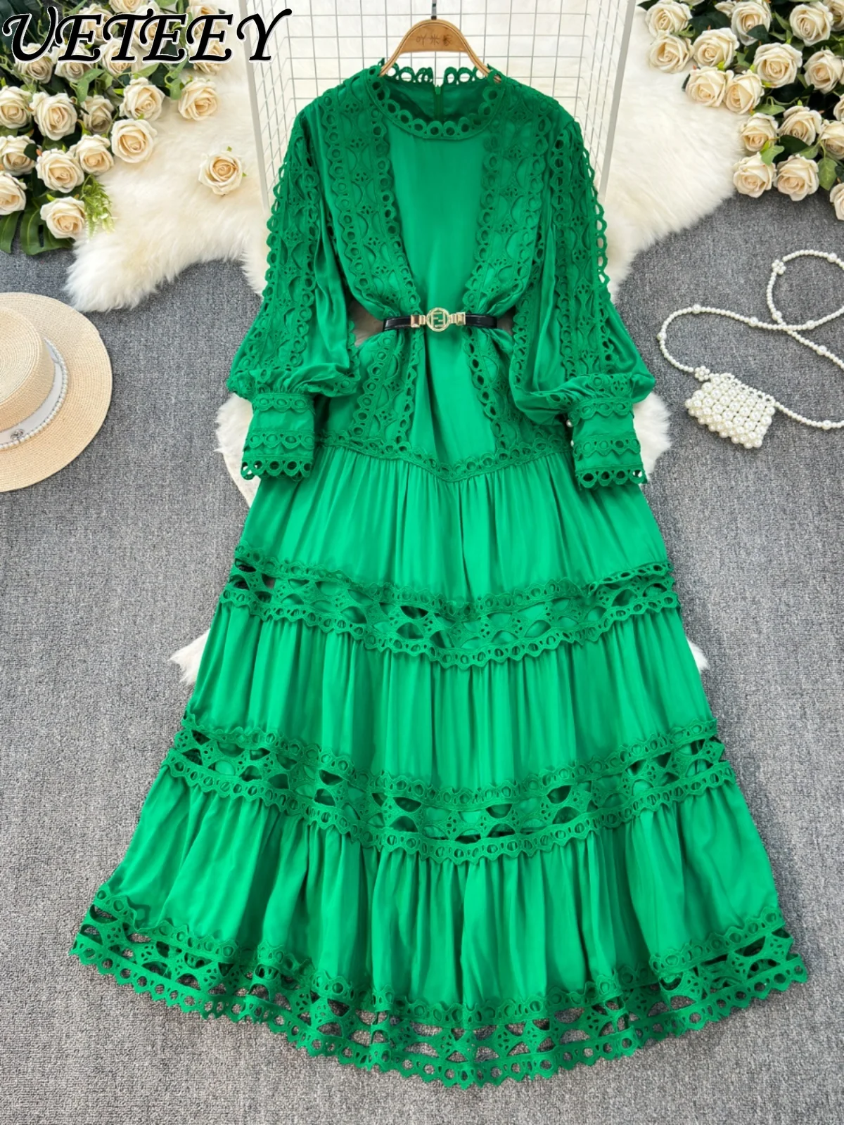 Court Style Long Dress for Women Summer Exquisite Hollow-out Lace Slim Fit Patchwork Puff Sleeve High-End Maxi Dresses