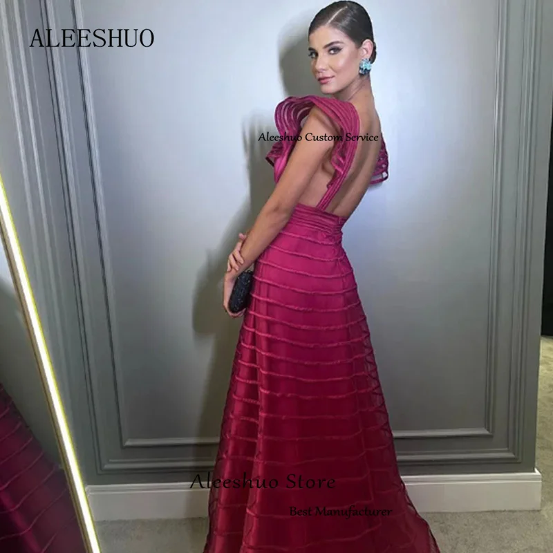 Aleeshuo Purple Elegant Cap Sleeves Long Tulle Prom Gowns Deep V-Neck Backless Evening Dresses Floor-Length Party Robe de soirée