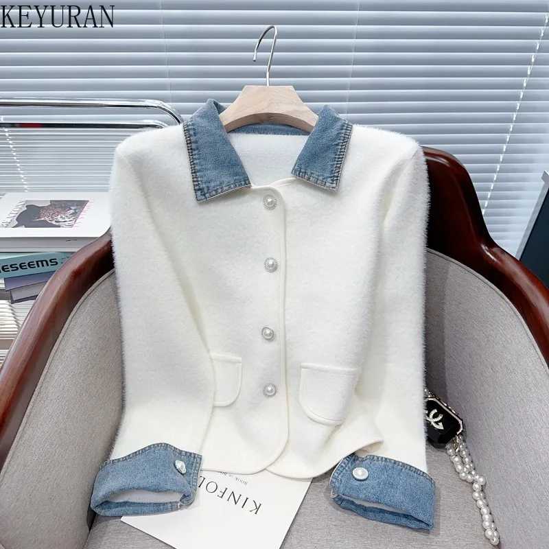 

Imitation Mink Sweater Jacket Women's 2025 Autumn Winter New Contrasting Color Denim Splicing Knitted Cardigan Coat Mujer Tops