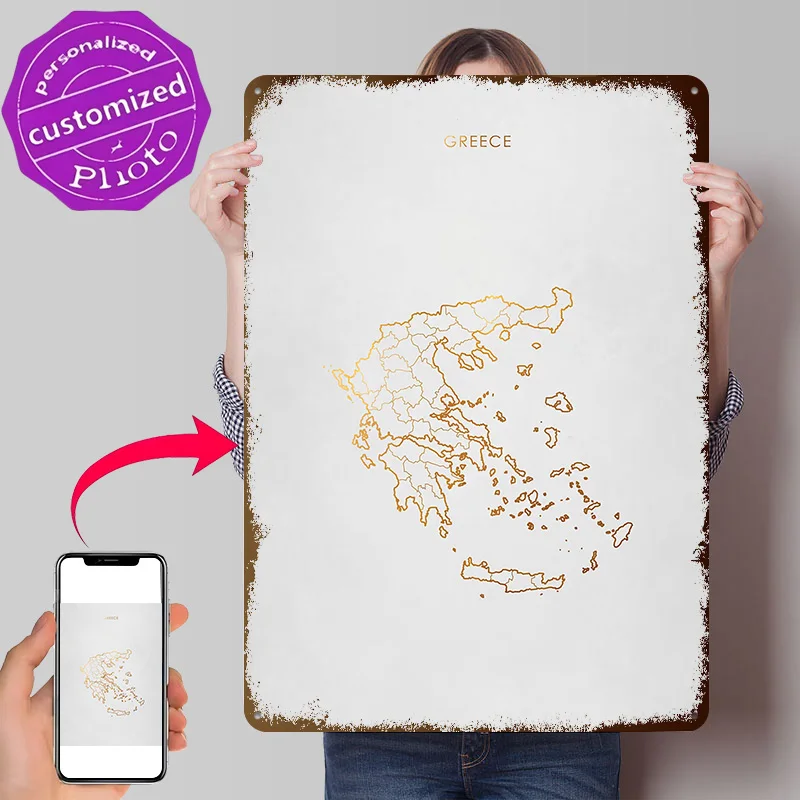 Gold Greece Map 3D Printed Texture Poster Personalized Wall Art Retro Metal Tin Signs for Home Decor Room Gamer Decoration Items