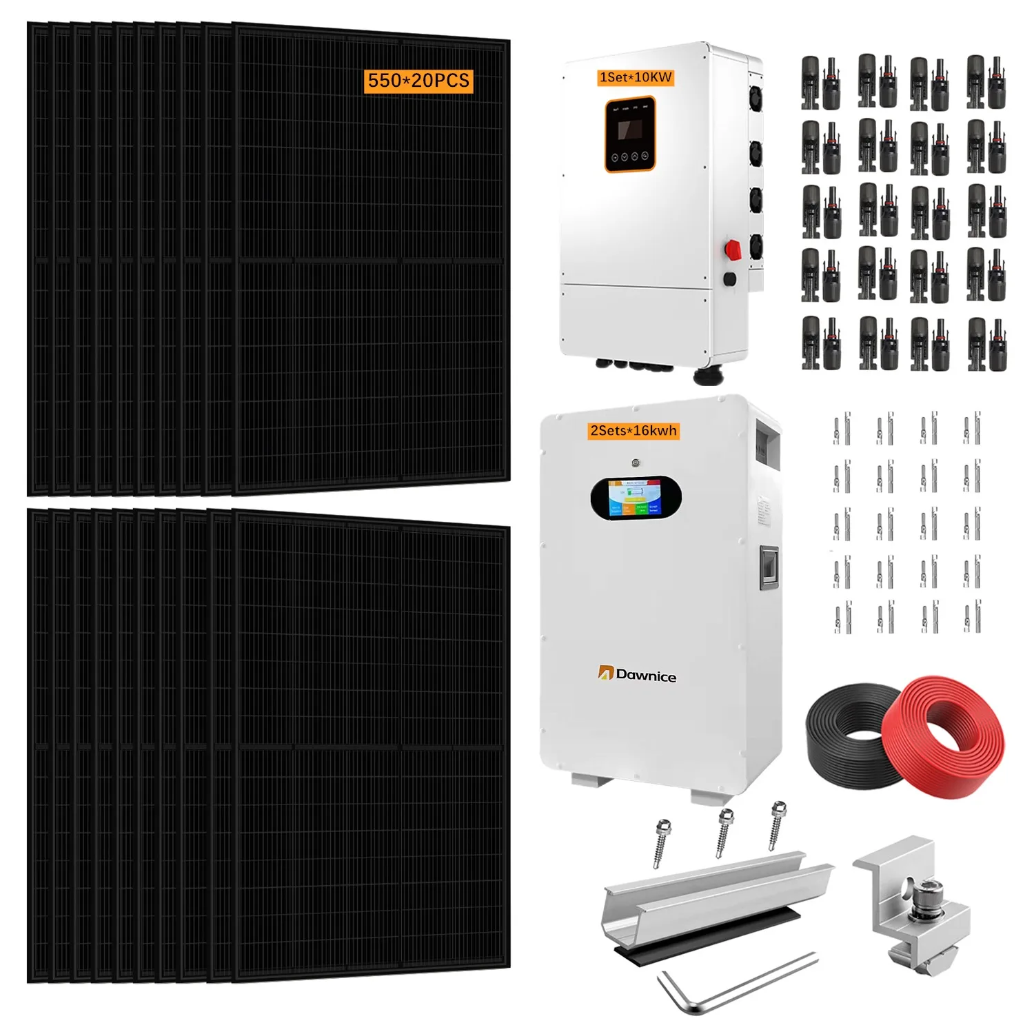 10KW Hybrid Solar Power System Complete Kit 2Sets 51.2V 314Ah LiFePO4 Battery，20PCS 550W Solar Panel，1Sets 10KW Hybrid Inverter