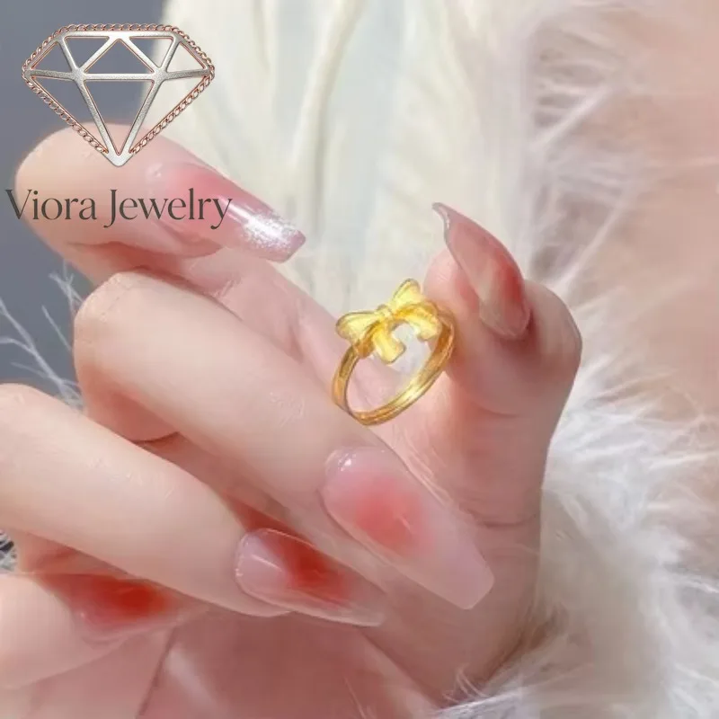 

Viora Jewelry Boutique AU999 gold bow ring princess opening simple female 24K pure gold ring for girlfriend gift