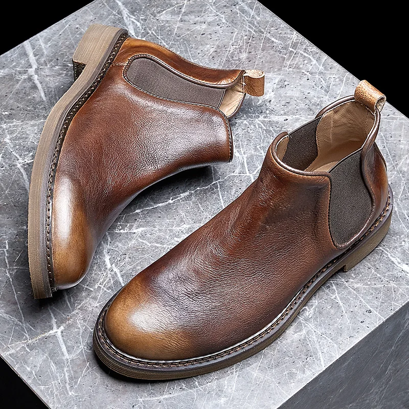 

US 6-10 British Slip-on Chelsea Boots Men's Concise Leather Winte Oxfords Businessman Suit Simple Formal Dress Shoes