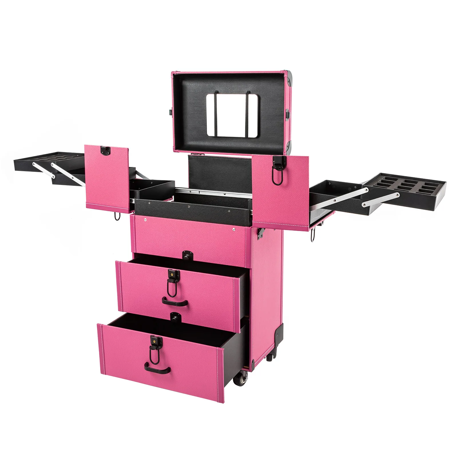 

Makeup Train Case, Large Capacity, Easy to Carry, Rolling Design with Retractable Trays and Drawers