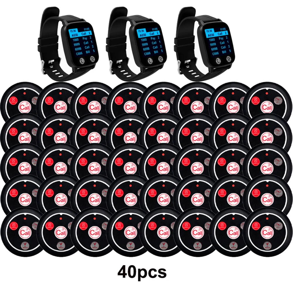 CTW08 Wireless Caregiver Pager System 3Pcs Waterproof Wrist Watch Receiver Vibration & Sound Reminder 40 Call Buttons For Cafe