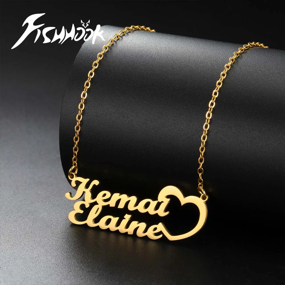 Fishhook Custom Necklace 2 Name Personalized Pendant Nameplate Gift For Women Man Couple Chain Stainless Steel Hebrew Jewelry