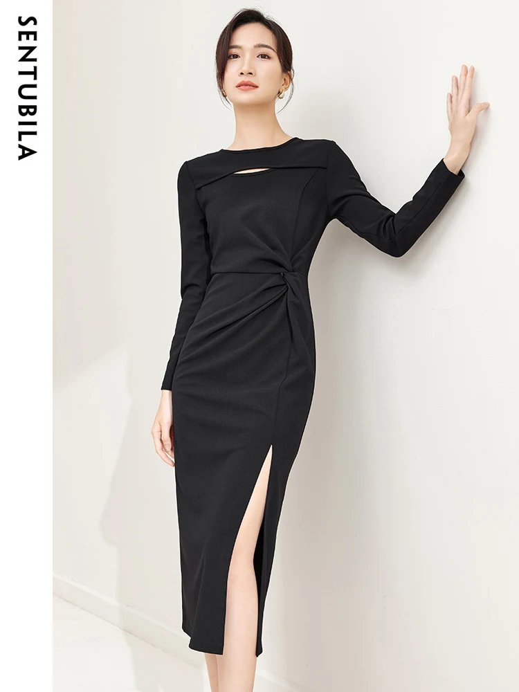 

SENTUBILA Hollow Out Slit Black Dresses Women Spring Long Sleeve High Waist Ruched Midi French Dress Woman Clothing 133L51281X