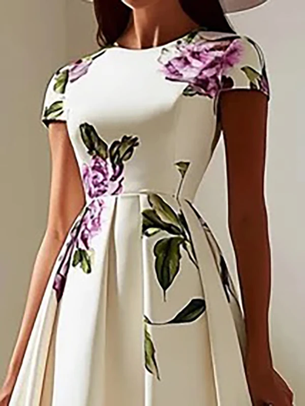 Women's 2025 New Evening Midi Dresses Summer Elegant Flower Print Pleated High Waisted A-line Birthday Party Dresses for Woman