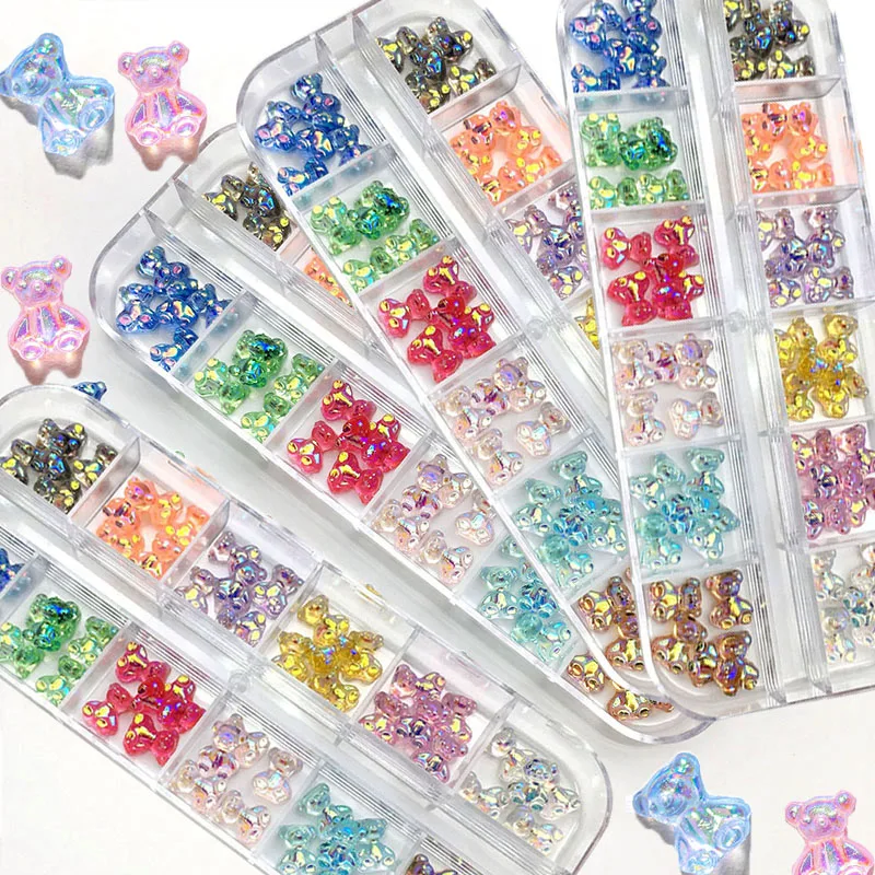 60 Stks/doos Sparkle Aurora Schattige Beer Hars Nail Art Deco Mixen-Formaat 3d Kawaii Aurora Beer Kawaii Mooie Platte Bodem Beer Nagel Deel