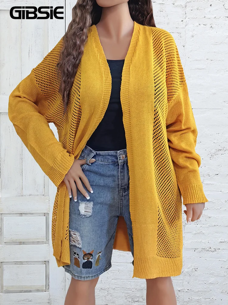 GIBSIE Plus Size Women\'s Solid Hollow Out Long Cardigan Spring Summer Drop Long Sleeve Female Casual Knitted Cardigan Coat