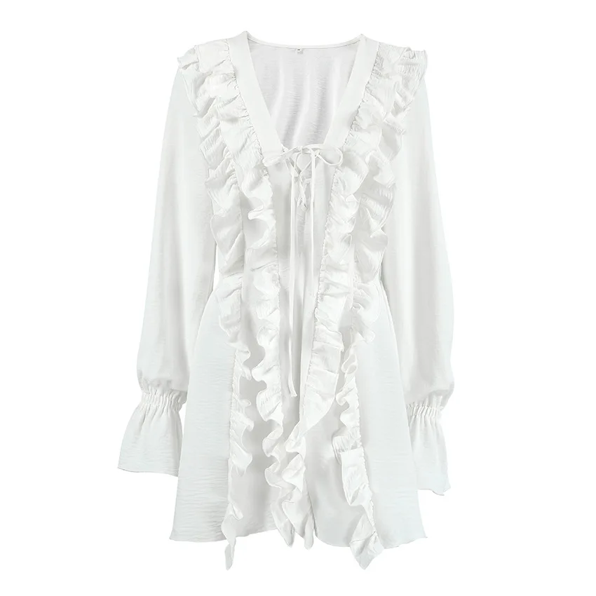 Casual em camadas de tule Dr com babado bainha longa Sve V-Ne commute Sle branco plissado outono Faion feminino Dr