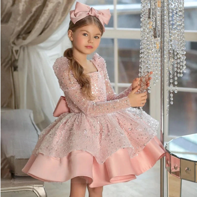 

Elegant Flower Girl Dresses For Wedding Puffy Ruffles Ivory/Pink Sequin Full Sleeves With Big Bow Birthday Princess Ball Gowns