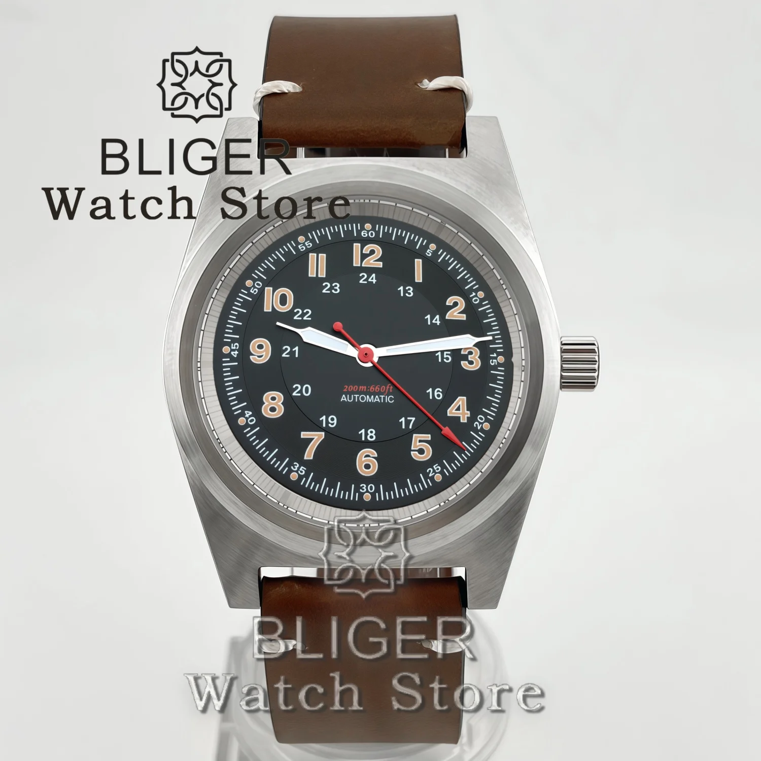 BLIGER 38mm Fashion Mechanical Automatic Wristwatch For Men 100m Waterproof Leather Band NH35 PT5000 Movt Sapphire Green Lume