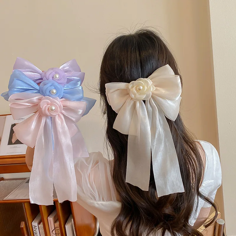 New Hair Clip Cream Colorful Bow Pearl Hairpin Back of the Head Fluttering Spring Clip Sweet and Simple for Women Headdress