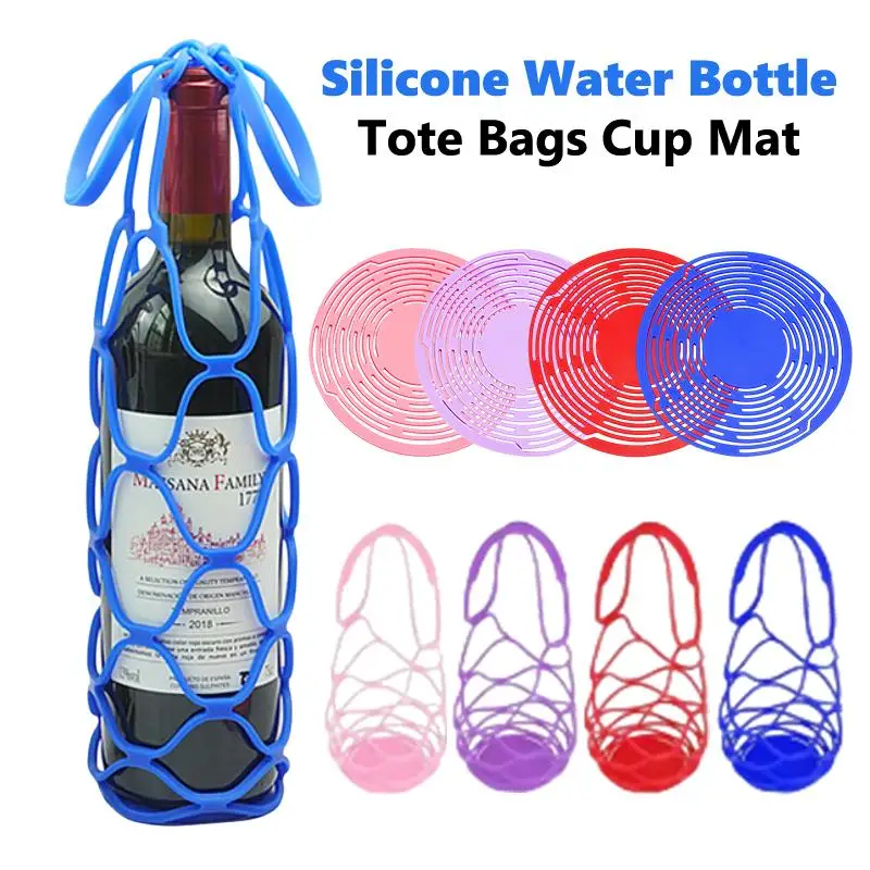 Reusable Silicone Wine Carrier Bag with Integrated Cup Mat Lightweight Washable Tote for Travel and Outdoor Picnics