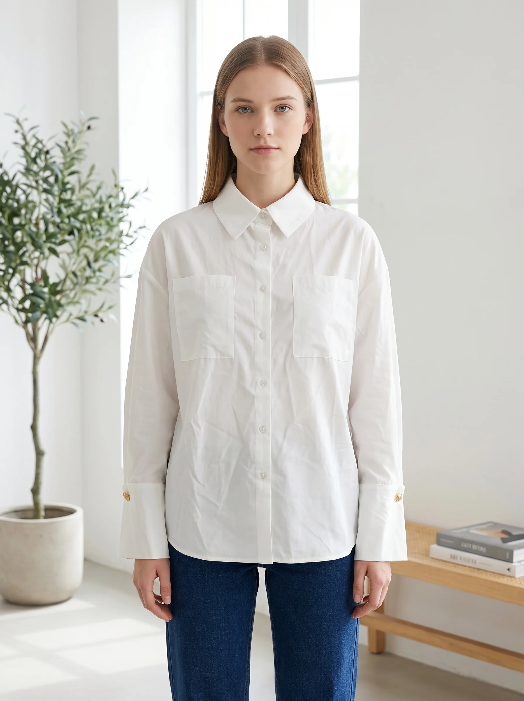 Plus-size Women's Shirt with A Turn-down Collar, Loose Fit, and Unique Gold Button Embellishments, Suitable for Casual Wear. view 6