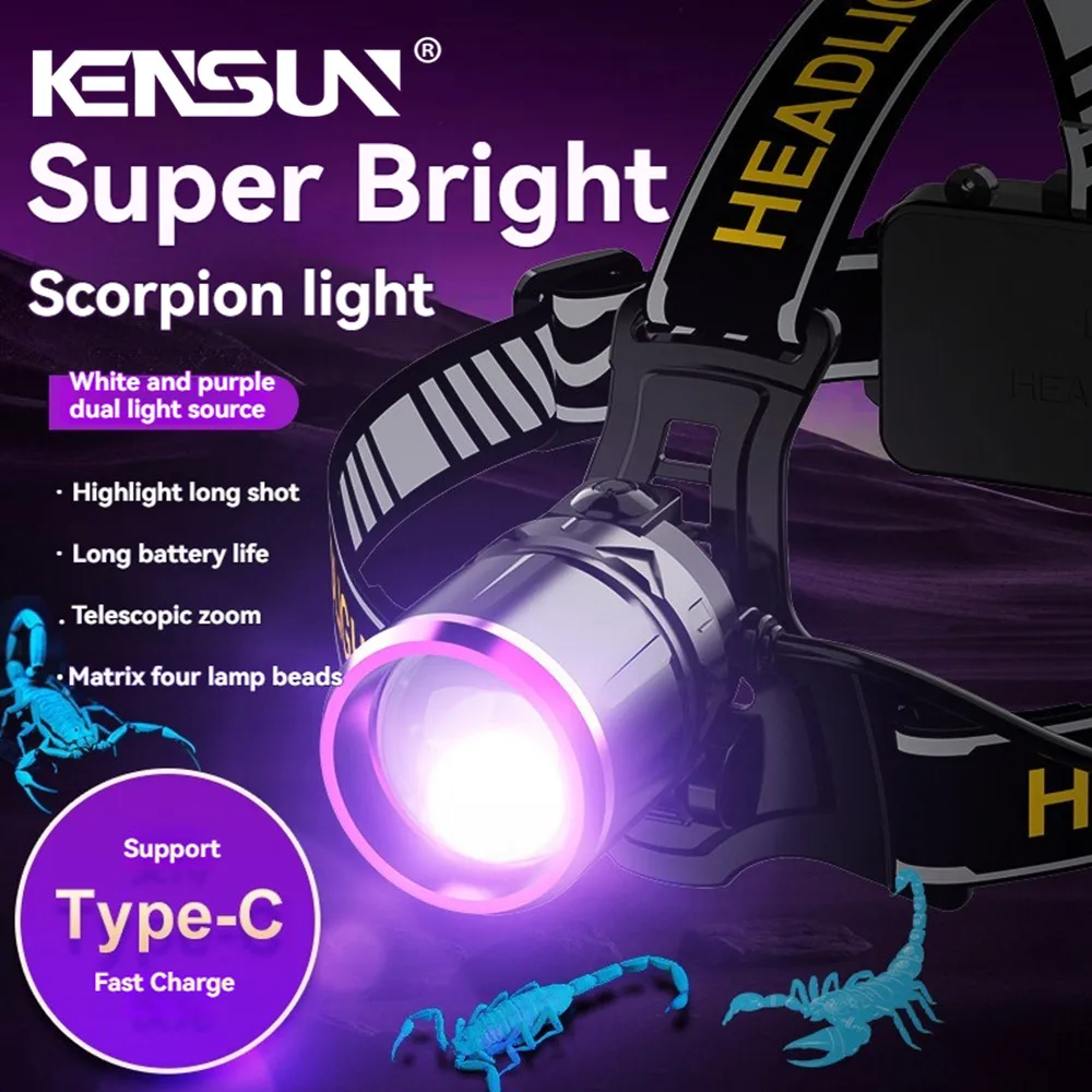 

Powerful Spotlight Long Range and LED UV Headlamp Dual Light Source Rechargeable Zoomable Waterproof Headlight Front Head Lamp