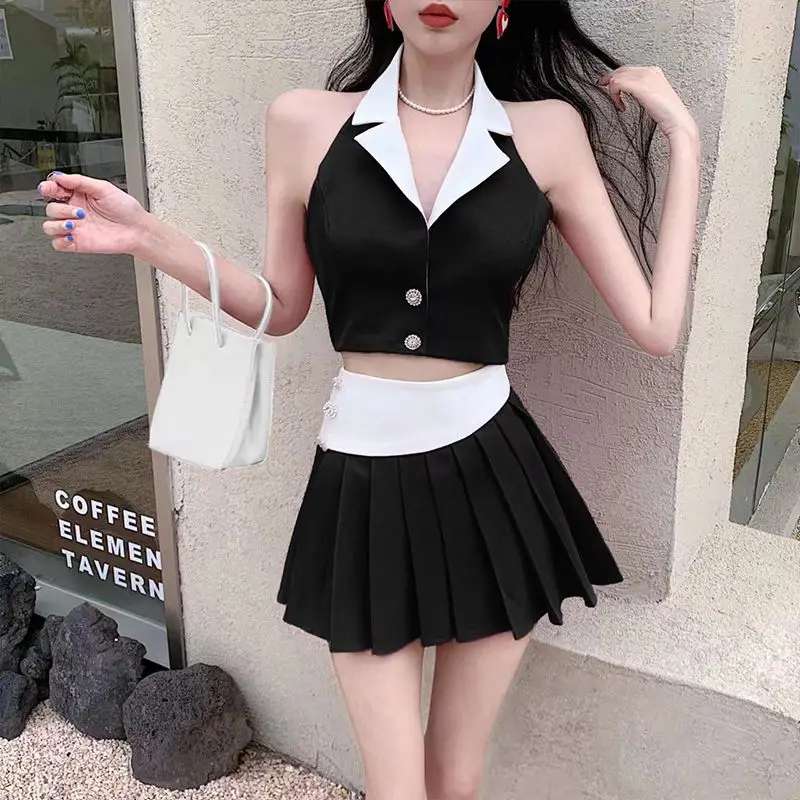 

Luxury Summer Women Halter Off Shoulder Suit Short Vest Pleats Short Skirt New Korean Fashion Popular Contrasting Colors Suit