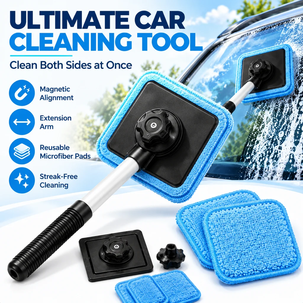 Portable Magnetic Car Glass Cleaning Tool Set Streak-Free Auto Windshield Cleaner With Extendable Long Handle Removable Wash Pad