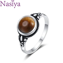 Nasiya Fashion Jewelry Ring Round 8MM Natural Tiger Eye Ring for Women Vintage Style Engagement Wedding Party Gift
