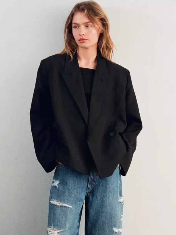 New 2025 Autumn High-End Commuter Bla ort Double-Breasted Long Sve Suit Jaet Women's Casual Loose Polyester Fiber