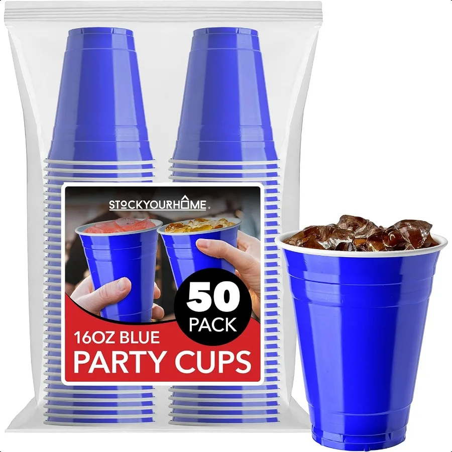 

Blue Plastic Cups 16oz 50 Count HeavyDuty Large Party Cup Pack Bulk Pack for Drinking Punch Soda Wine Beer 4th of July Hallowe