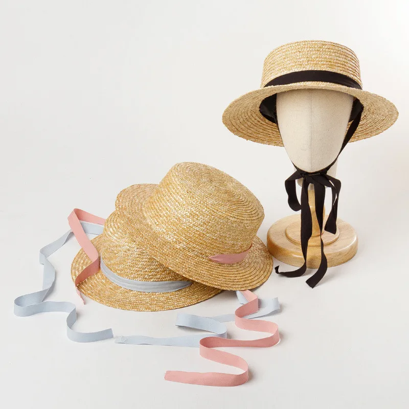 Wholesale Kids Straw Sun Hats With Bandage Girls Summer Beach Hats 52cm Head Children Flat Visor Caps