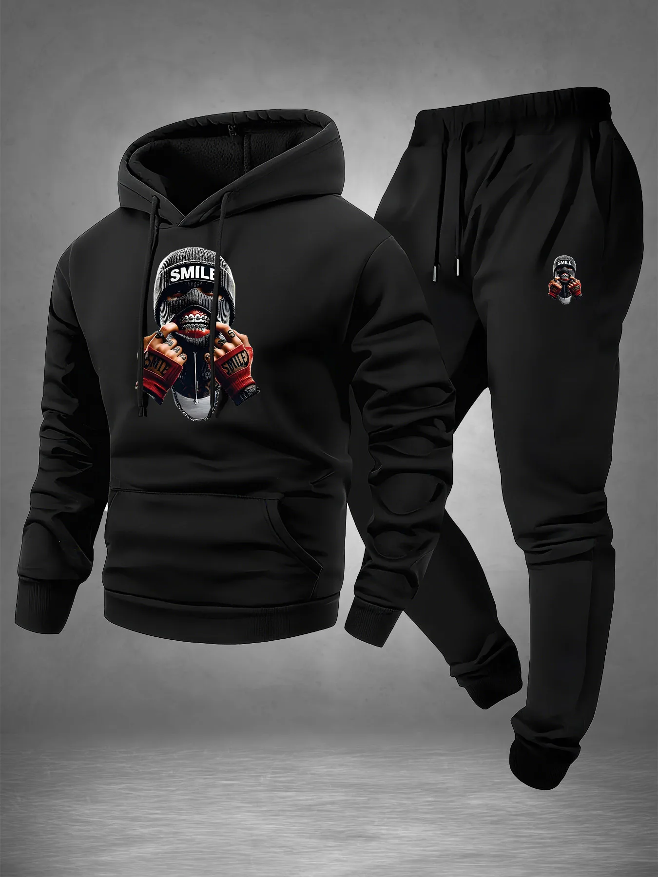 Men's Ski Mask Smile Graphic Tracksuit 2‑Piece Set Hooded Sweatshirt Jogger Pants Hip Hop Streetwear Sport Outfit