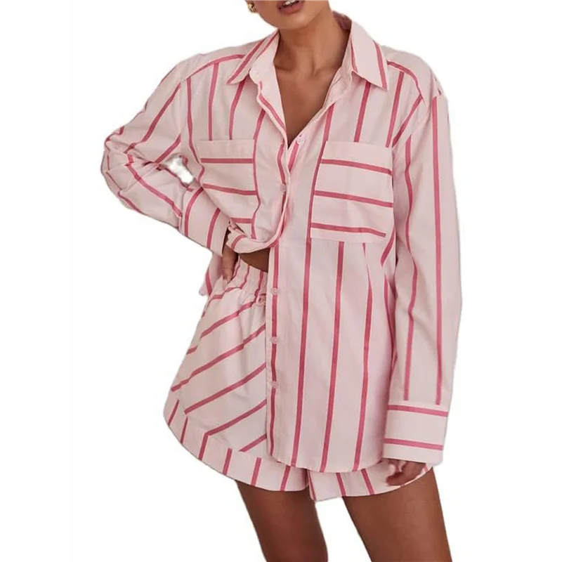 

НОВИНКА-Женские полосатые комплекты из двух предметов: рубашки на пуговицах и шорты, одинаковые комплекты для отдыха