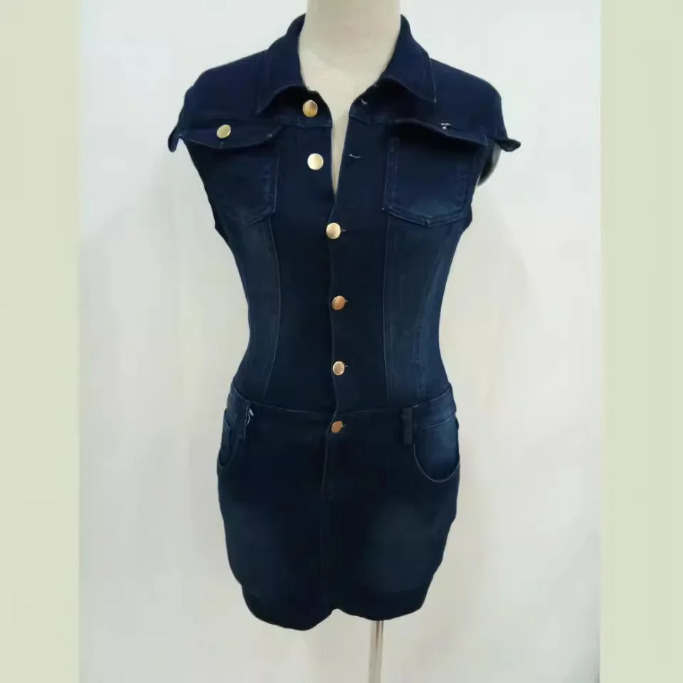 Washed Denim Women Dresses Single Breasted Dress Solid Sheath Pencil Skirts Spliced Wrap Buttocks Sexy Club 2024 Button