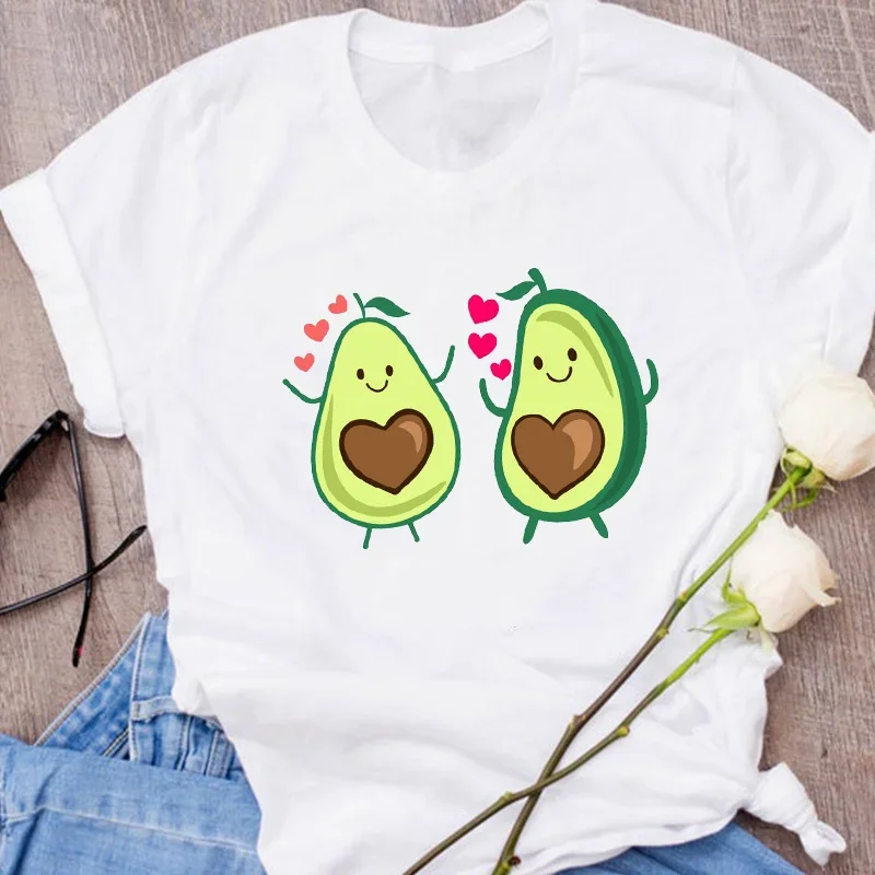 Camiseta gráfica feminina, impressão de gato abacate, desenhos animados, roupas de frutas, roupas florais para senhora, camisetas femininas, tops, camiseta