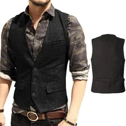 Deep V-Neck Suit Vests  Classical Formal  Business Herringbone  Wood Waistcoat Slim Fit Men's Vest For Wedding