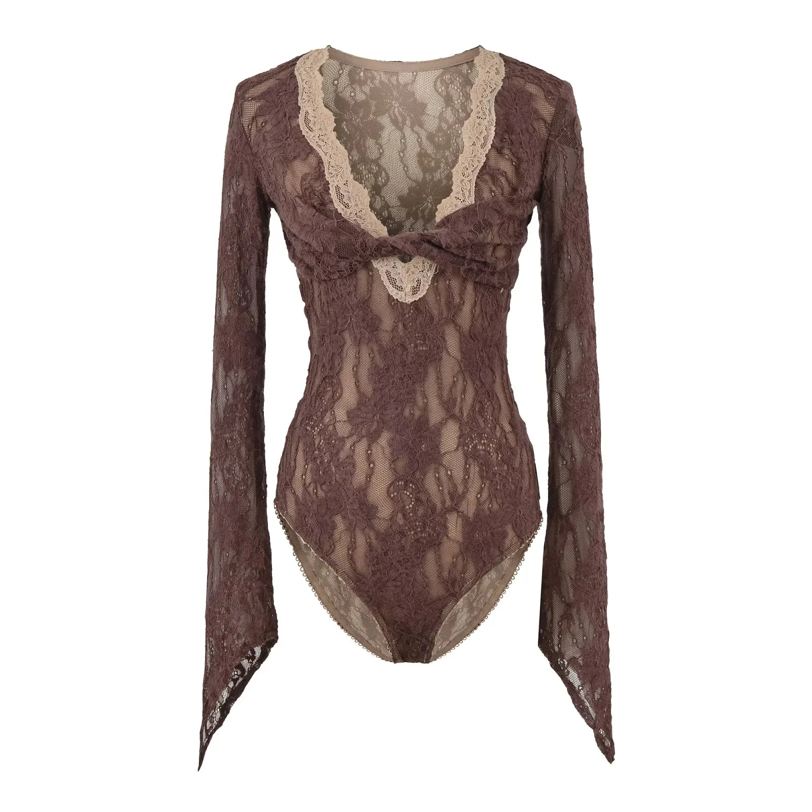 Purely alluring style sexy color-blocked twisted deep V-neck lace bodysuit with a slimming waistline paired with a 48AJ