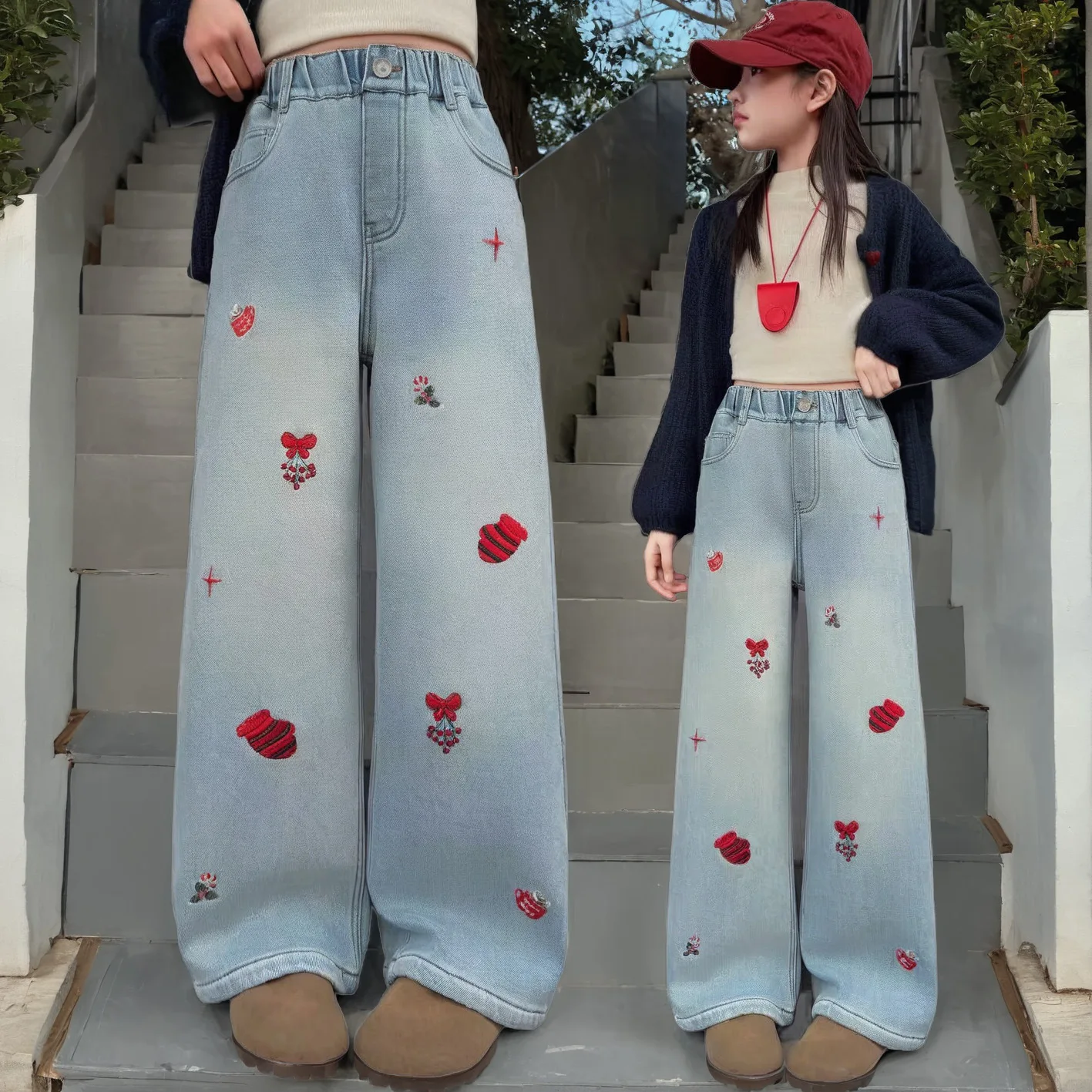 

Детские джинсы прямого кроя с вышивкой для девочек-подростков, повседневные джинсовые брюки, модные весенне-осенние штаны для детей 2026