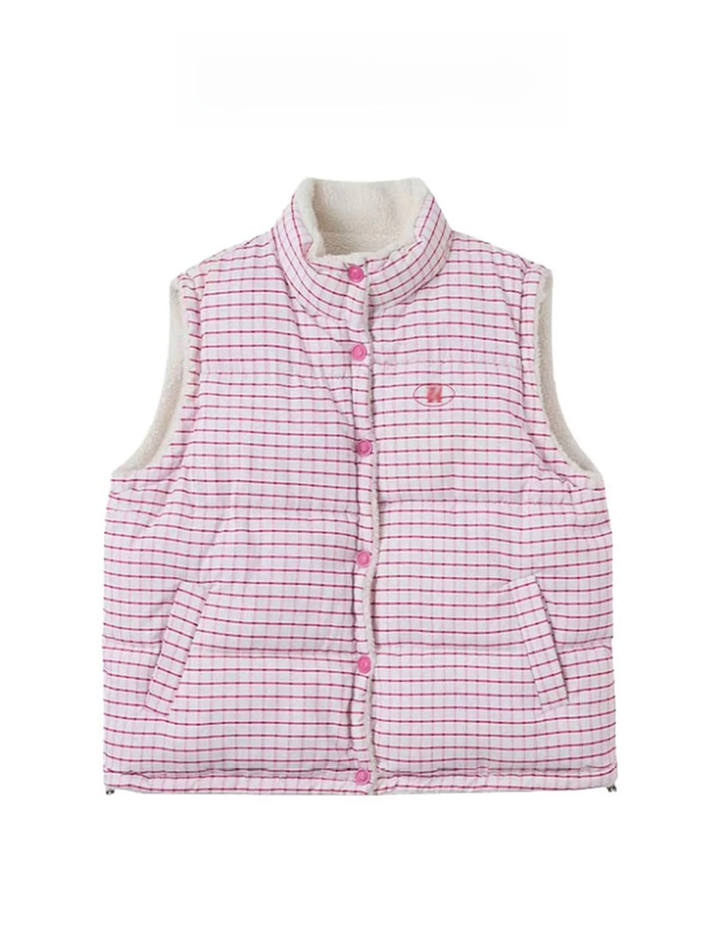 

Розовый двусторонний жилет из овечьей шерсти в клетку, женский зимний оверсайз жилет из хлопка, верхняя одежда для повседневной носки, с воротником-стойкой