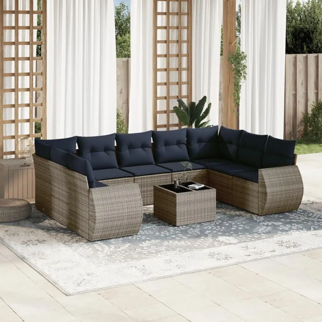 

10 Piece Outdoor Patio Sofa Set with Gray Cushions and Poly Rattan Furniture