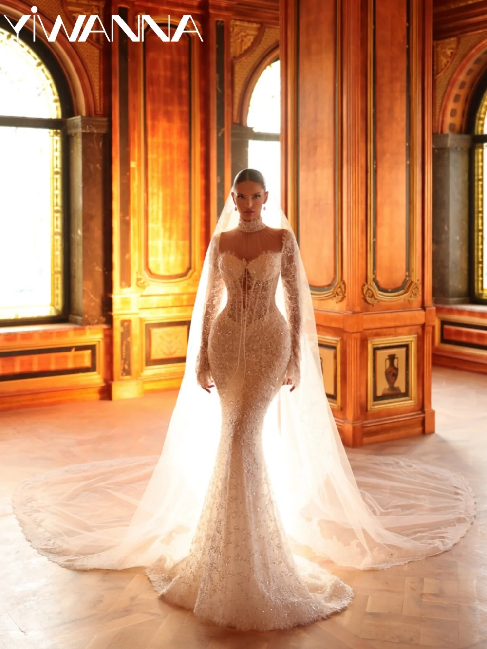 

Shimmering Beaded Lace Wedding Dress Modern Dreamy High Collar Bridal Gown Customized Open Back Mermaid Long Dresses For Bride