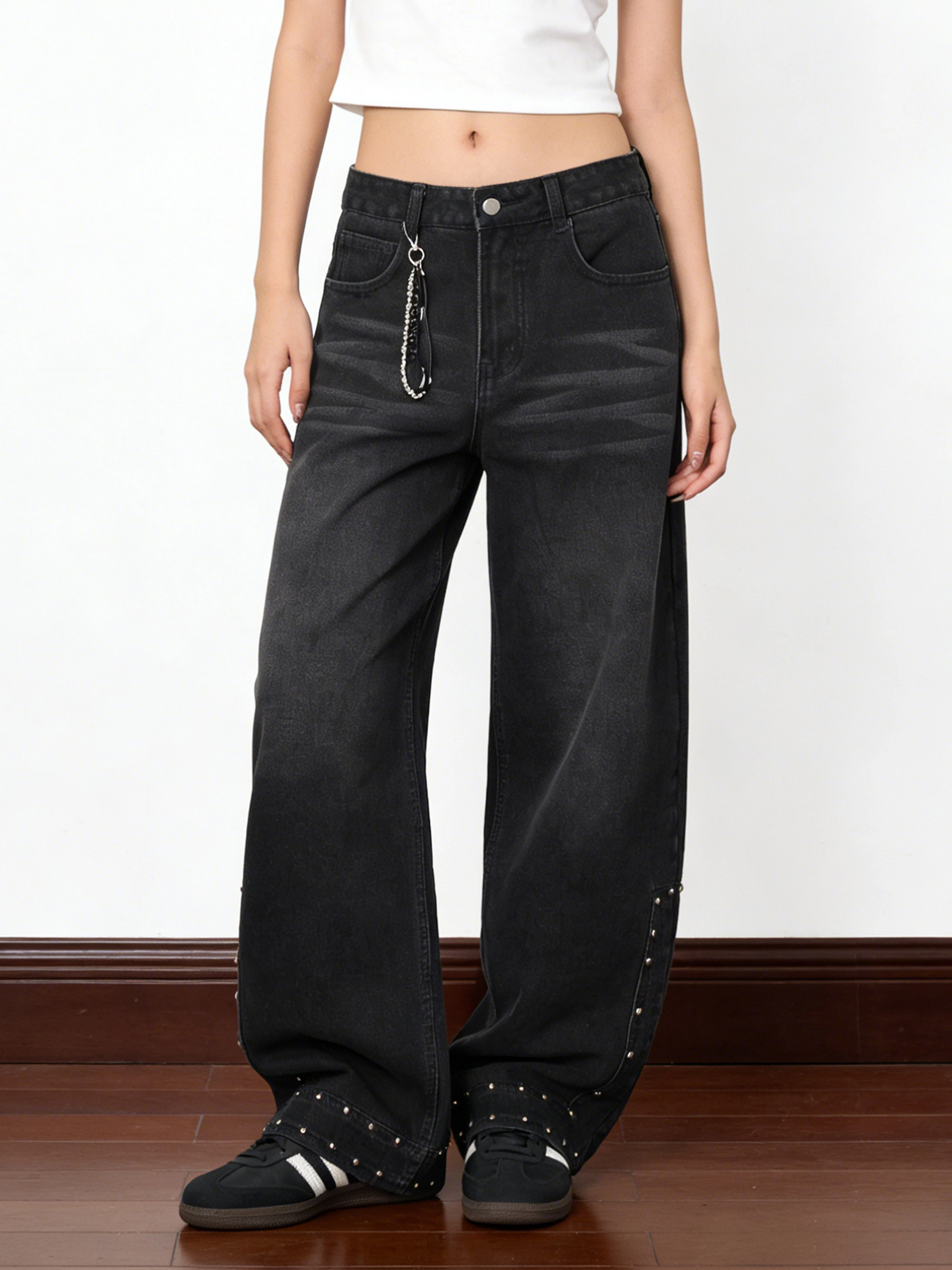 American Style Vintage Rivet Denim Pants Women Loose Wide Leg Jeans Small Ball Ball Unique Design Sense Cotton Spring Ladies