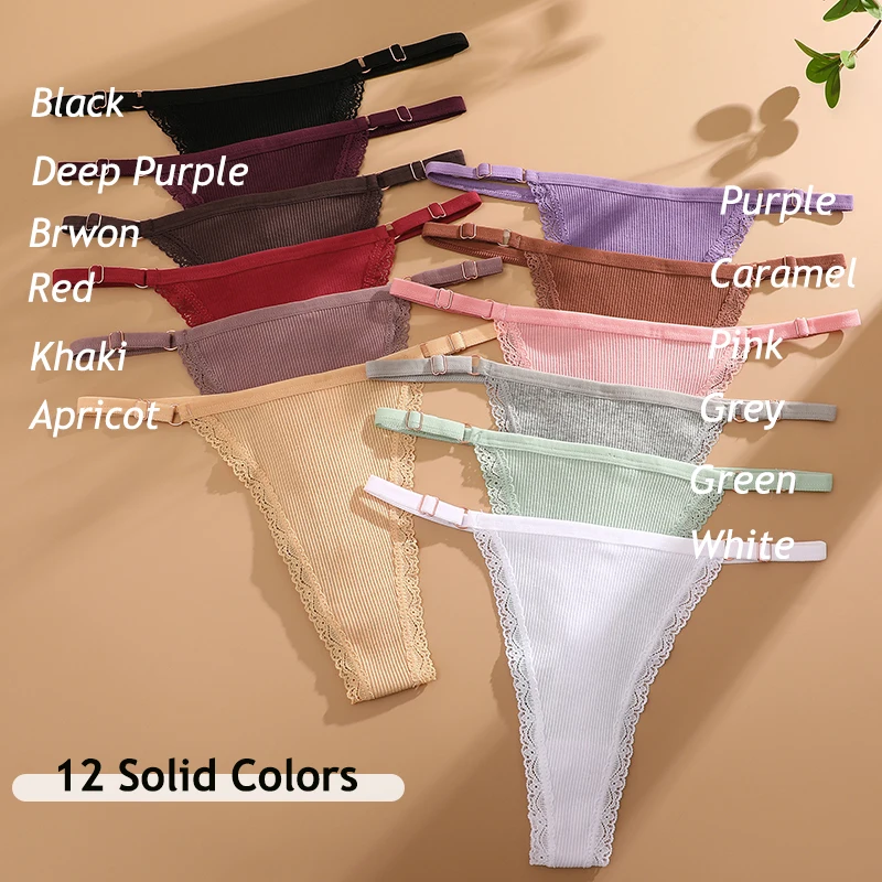 6PCS Women Cotton Panties Sexy Lace Adjustable Lingerie Female Breathable G-String Thongs Solid Color Comfortable Underpants