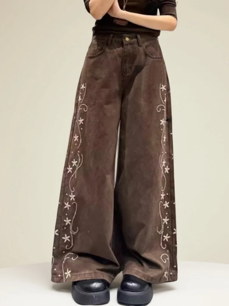 

Faionable Ретро джинсы с цветочной вышивкой и высокой талией, широкие джинсы, женские повседневные джинсы с несколькими карманами и высокой талией, свободный крой